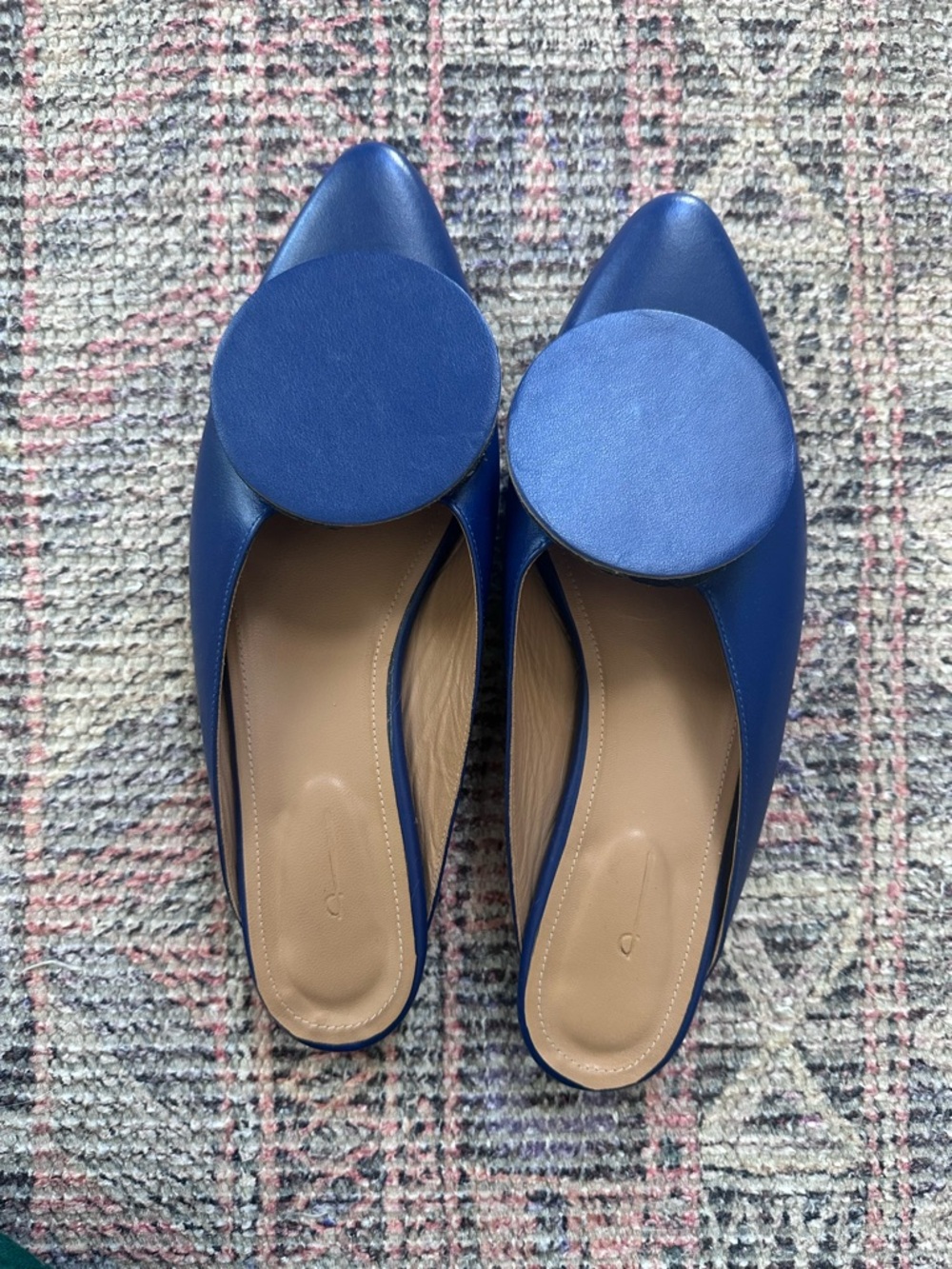 The Palatines Blue Pointed Leather Mules with Round Accent